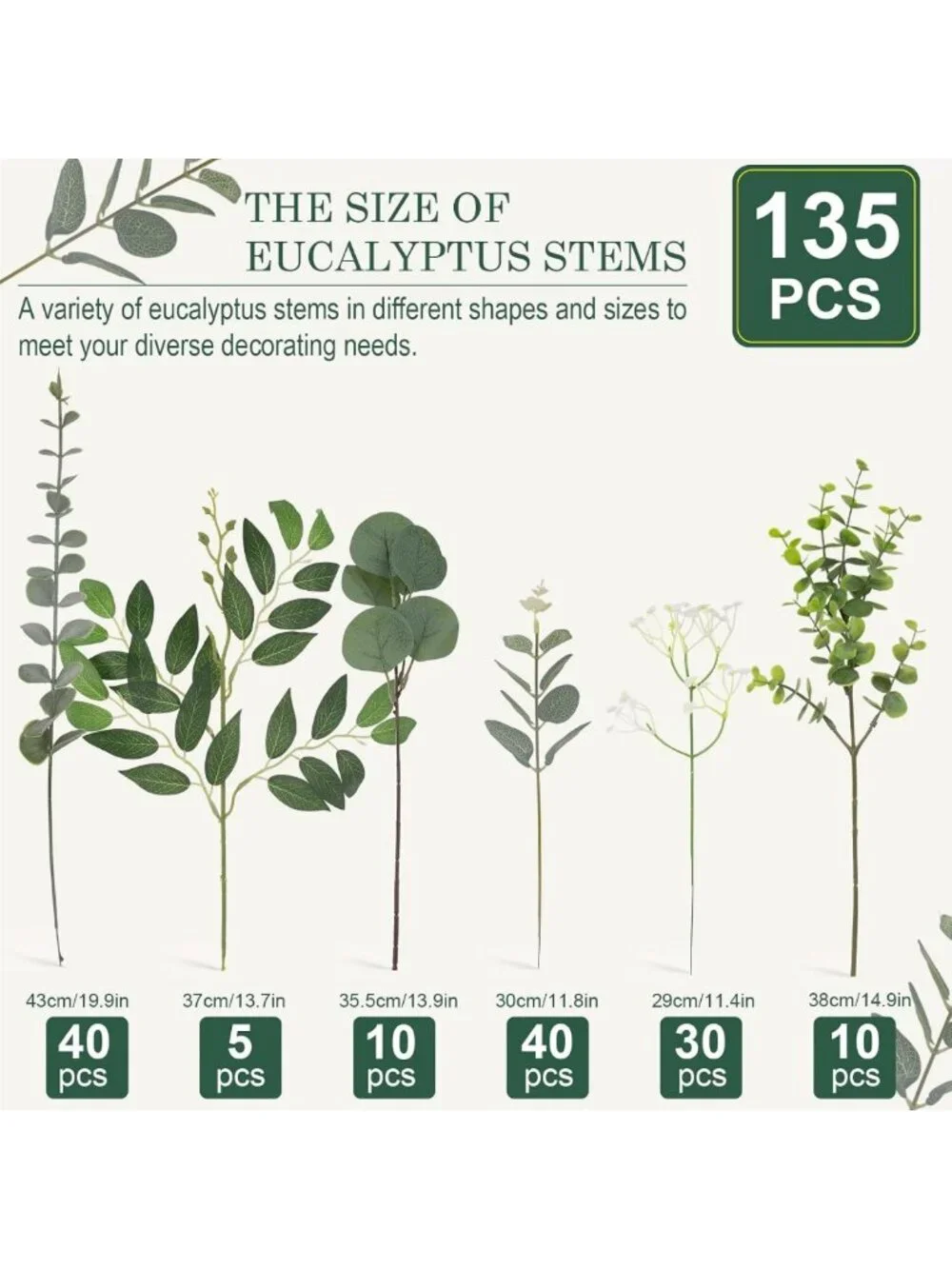 135 Pcs Mixed Eucalyptus Leaves Stems - Artificial Greenery for Home Decor